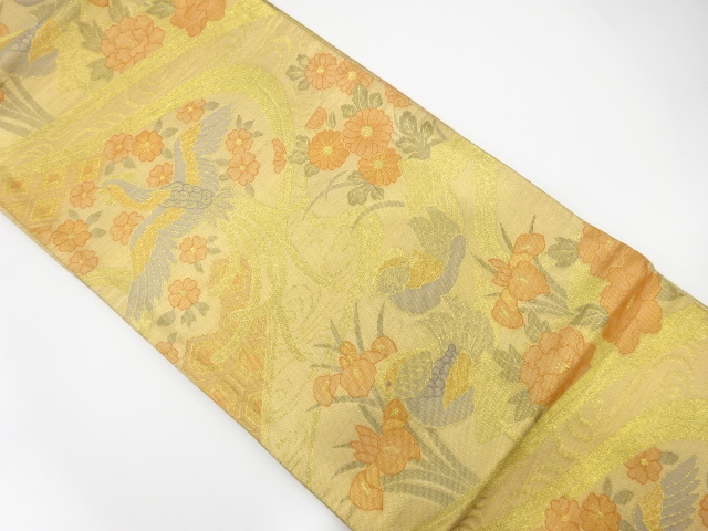 佐賀錦鴛鴦に尾長鳥・流水・草花模様織出し袋帯